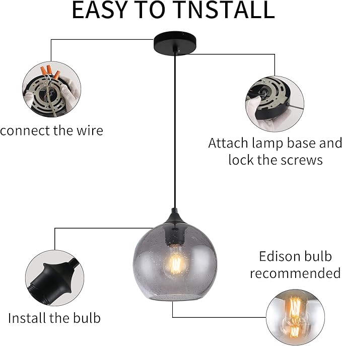Gray Glass Pendant Lights Kitchen Island Lighting Globe Pendant Light Fixtures Modern Pendant Lighting for Kitchen Island Bedroom Living Dining Room Light Fixture-9.8in