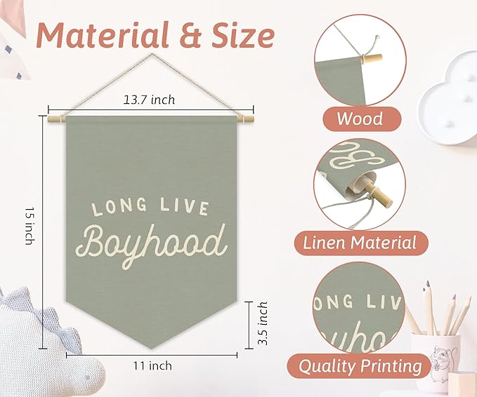 Blue Boy Room Decor,Long Live Boyhood Canvas Banner Nursery Playroom Wall Decor for Boys Bedroom Toddler Decorations Teen Boy Room Decor,Playroom Decor Wall Hanging Flag 15x11 Inch（Haze Blue)
