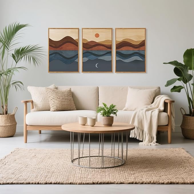 CHDITB Mid Century Modern Framed Canvas Wall Art, Boho Mountain Sun Moon Wall Decor, Abstract Nature Ocean Landscape Artwork, Minimalist Geometric Wave Posters for Living Room Bedroom Office 16"x24"x3