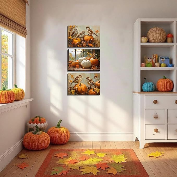 YMXDYMJSW Autumn Wall Art 3 Pieces Pumpkin with Sparrows Picture Prints Fall Harvest Birds Canvas Painting Thanksgiving Theme Artwork for Farmhouse Decor Frame (Gold,11.00" x 14.00" x 3PCS)