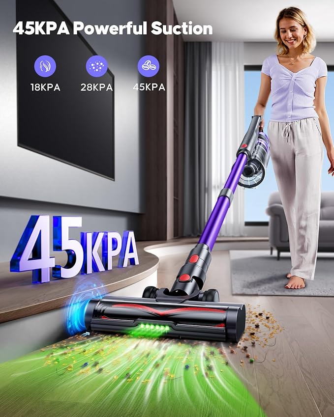 Cordless Vacuum Cleaner, 45KPa 600W Powerful Stick Vacuum for Home, 60Mins Runtime, 1.8L XL Dust Cup One-Touch Empty, Green LED Anti-Tangle Brush & Fragrance, for Pet Hair Carpet Hard Floor