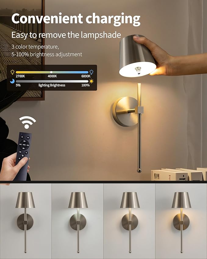 KDG Cordless Wall Sconces Set of 2, Wireless 5200mAh Rechargeable Battery LED