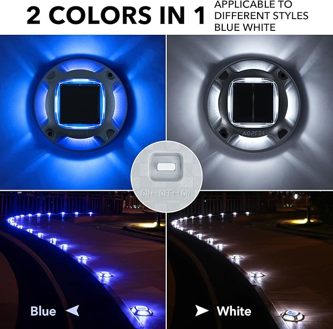 AGPTEK Solar Driveway Lights Outdoor 24 Pack, 2 Color Modes LED Deck Dock Marine Waterproof Security Marker Lights for Step Sidewalk Stair Garden Pathway Walkway Yard(Blue Light/Cool White)