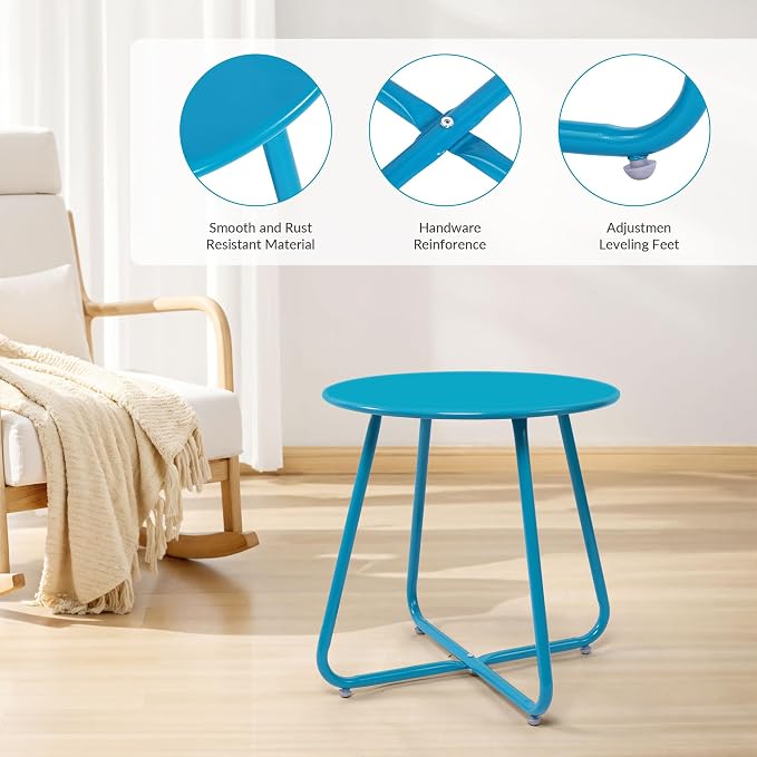 Patio Small Side Table Waterproof Round Metal Steel Weather Resistant Portable Outdoor and Indoor End Table for Garden Balcony Yard,Sky Blue(2 PCS)