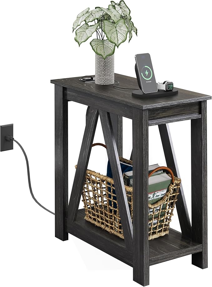 WLIVE Narrow Black End Table with Charging Station of Open Storage Shelf, Sofa Side Table with 2 USB Ports and 2 Power Outlets, Slim Farmhouse End Table for Small Spaces, 11.8" D x 23.6" W x 23.74" H