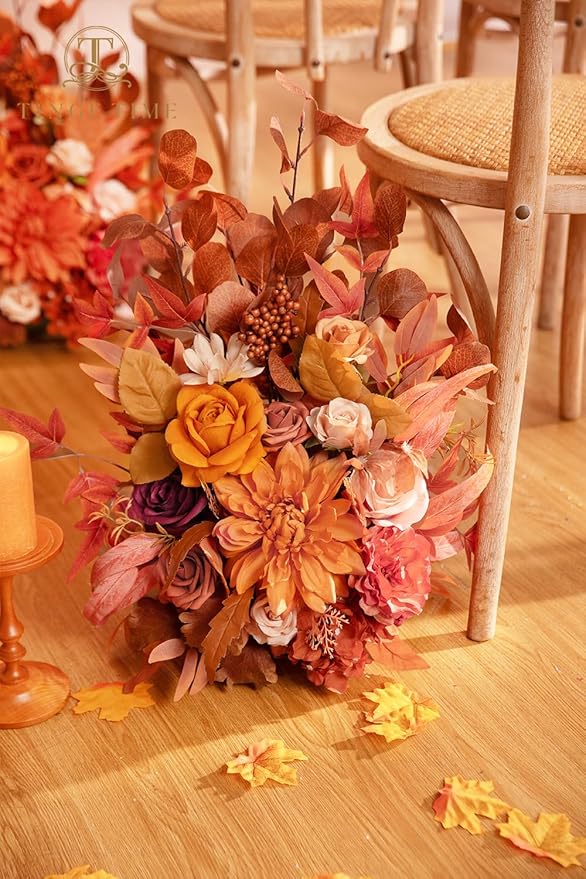 TINGE TIME Free-Standing Artificial Flower Set of 2, Table Centerpiece with Rubber Pad, Silk Fake Flower for Fall Wedding Centerpiece Archway Aisle Welcome Entrance (Maple Red)