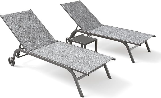 UDPATIO Aluminum Lounge Chair Set of 3 Poolside Chaise Lounger Outdoor Lounge Chairs 5 Adjustable Position Backrest Pool Lounger with Wheels Side Table for Patio Pool,Grey