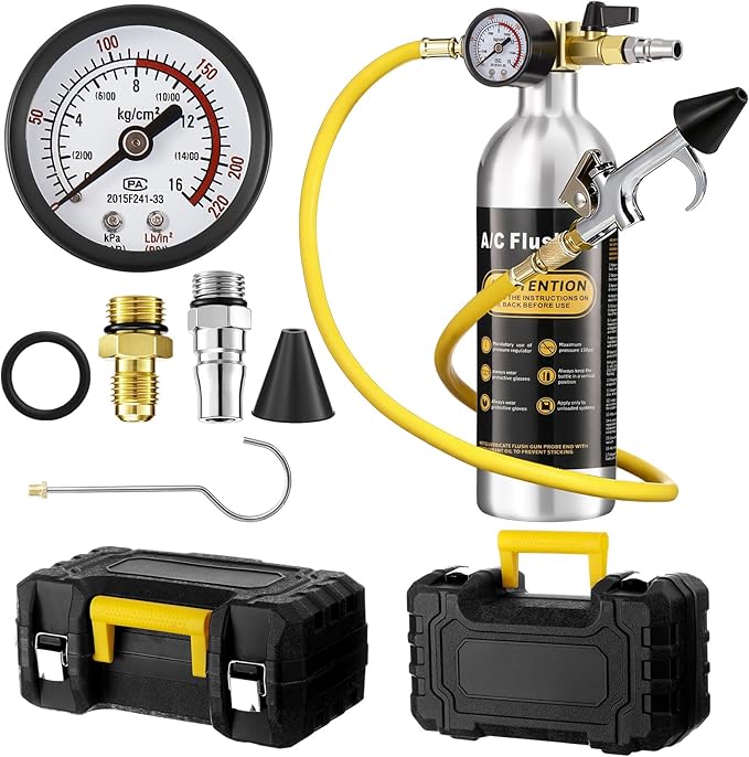 AC Flush Kit Air Conditioner System Flush Canister Kit AC Drain Line Cleaner Tool Conditioning Pipeline Set with Gauge, Air Fittings and Hose for Car Conditioner Pipe (Aluminum,Classic)