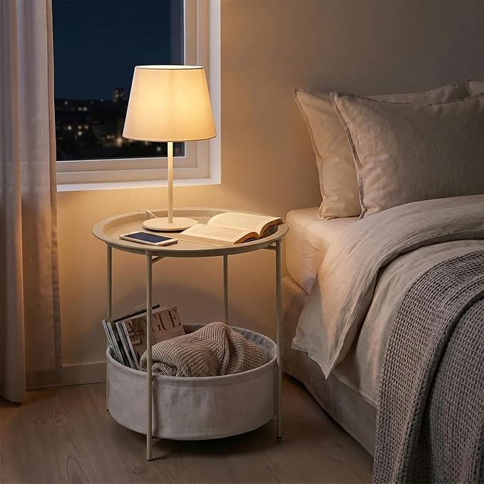 VECELO Round Side/End Table with Fabric Storage Basket，Metal Anti-Rust and Waterproof Small Bedside Nightstand with Removable Tray Top for Living Room，Balcony & Laundry，Grey /1pcs with Basket