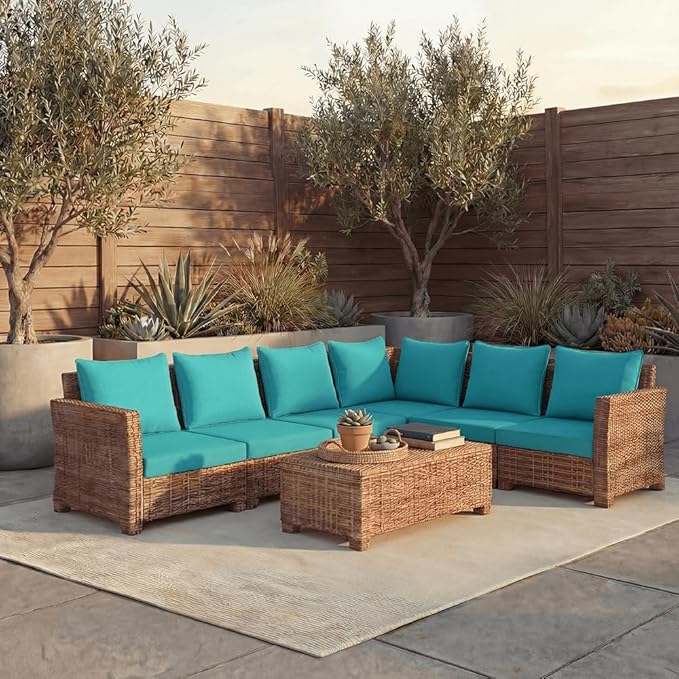 PatioGlow Outdoor Seat Cushion Set, 24" x 24" x 3.5", Set of 2, Water-Resistant & Fadeness Patio Furniture Cushions with Removable Cover & Ties, Thick Deep Seating Pads for Outside Sofa Couch, Teal