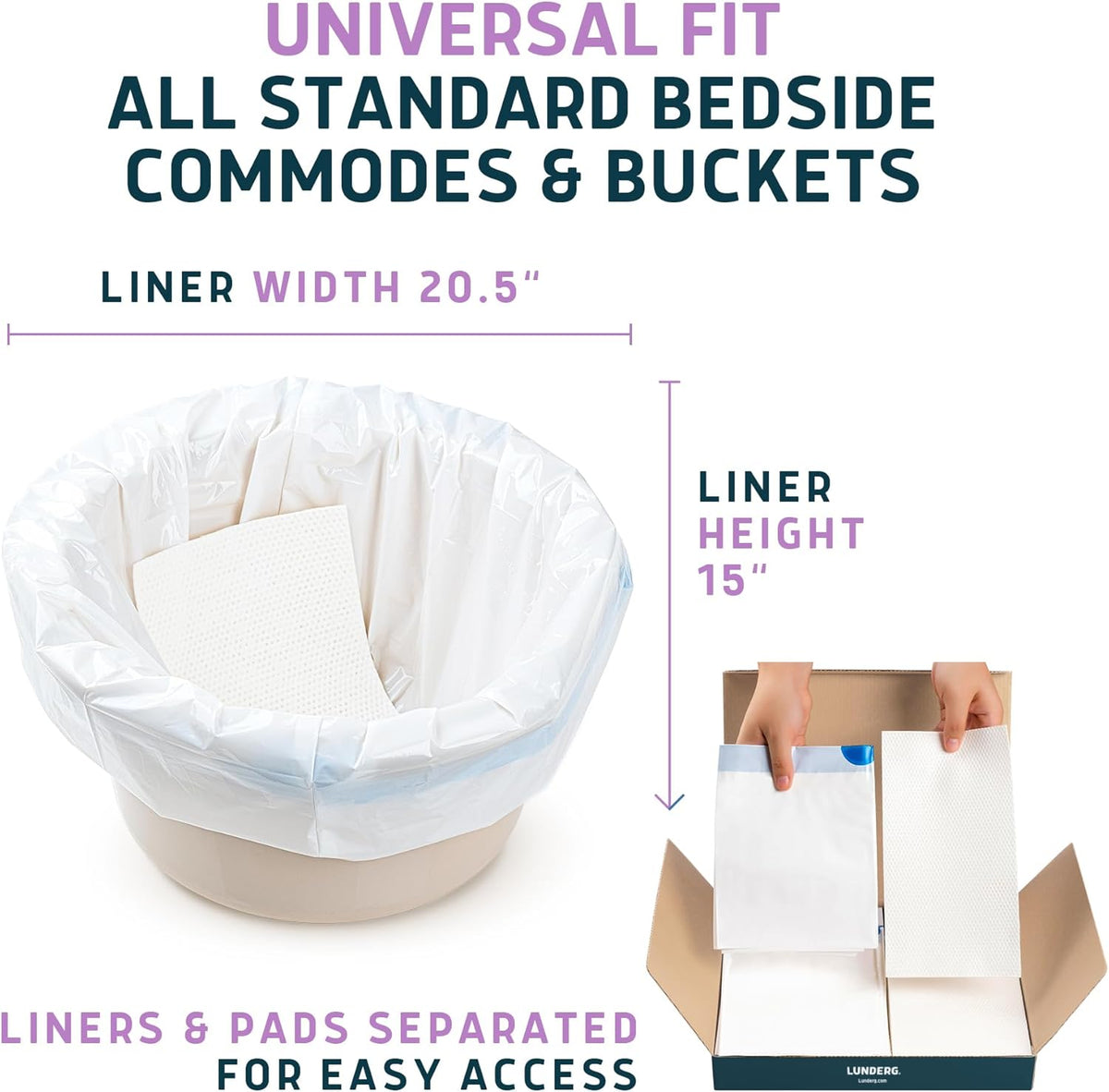 Lunderg Commode Liners with Absorbent Pads - Lavender Scent Medical Grade 150 Count Universal Fit - Disposable Bedside Commode Liners and Pads for Adult Chairs, Portable Buckets & Camping Toilet Bags
