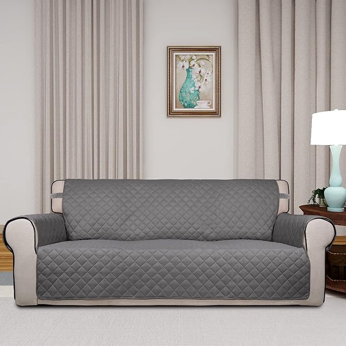 PureFit Reversible Quilted Sofa Cover, Water Resistant Slipcover Furniture Protector, Washable Couch Cover with Non Slip and Elastic Straps for Kids, Dogs, Pets (Sofa, Gray/Gray)