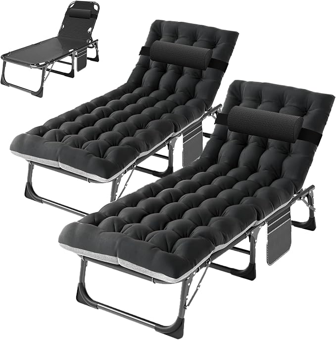 ABORON Tanning Chairs, 2 Pack, 5-Position Padded Folding Loungers | Set of 2 folding chaise lounges with 5-position backs, padded mats and pillows; supports up to 500 lb per chair.