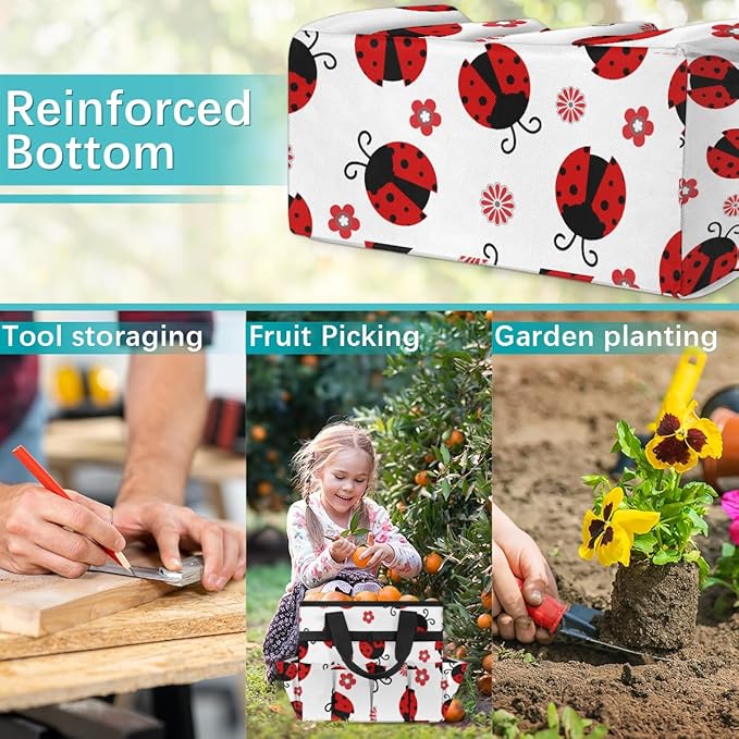 Ladybug Gardening Tool Bag,Heavy Duty Garden Tote Bag,Portable Oxford Flower Gardening Storage Basket Organizer Handbag with Pockets Handle,Hand Tools Gifts for Outdoor Garden Lawn Yard