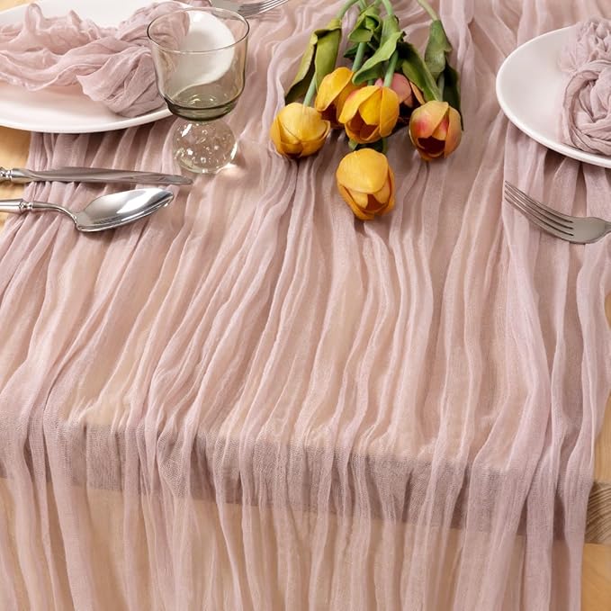MLMC 12 Pack Dusty Pink Cheesecloth Table Runner 10ft Rustic Gauze Cheese Cloth Table Runner Bulk 35x120 Inches for Romantic Wedding Bridal Baby Shower Anniversary Party Decor