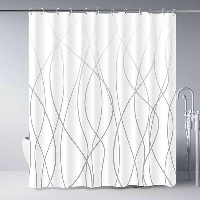 Punkray Ombre Grey Shower Curtain for Bathroom with Hooks Shower Curtain Set Stripe Bath Curtains Decorative White Shower Curtains Water Repellent Washable, 72 x 72