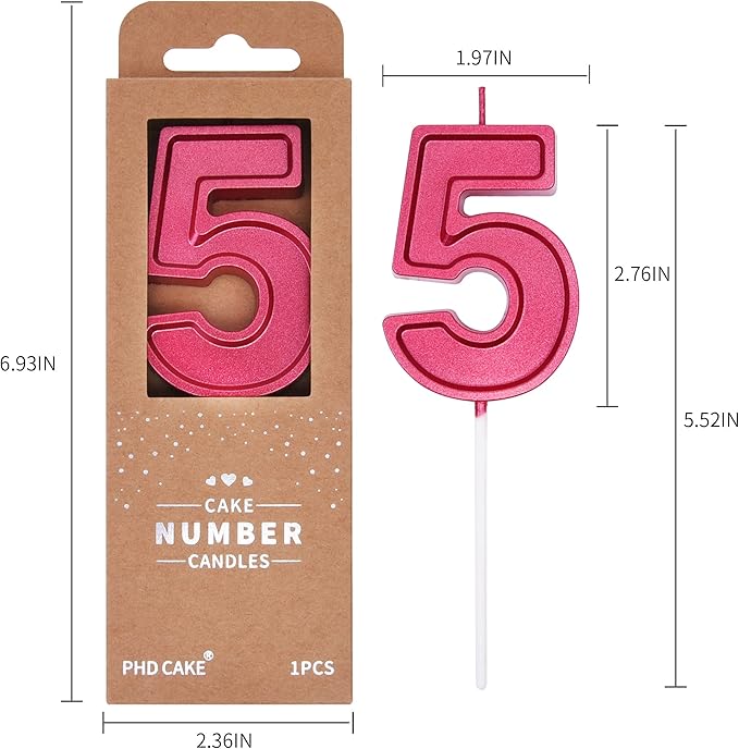 PHD Luxe Red 2.76 Inch 5 Number Birthday Candles, Red Cake Candles for Party Celebration