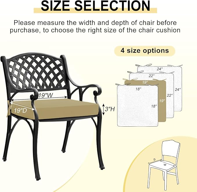downluxe Waterproof Outdoor Chair Cushions Set of 4, 19" x 19" x 3" Patio Chair Cushion with Non-Slip Ties & Handle, Square Outdoor Cushion for Patio Furniture with Removable Cover, Khaki