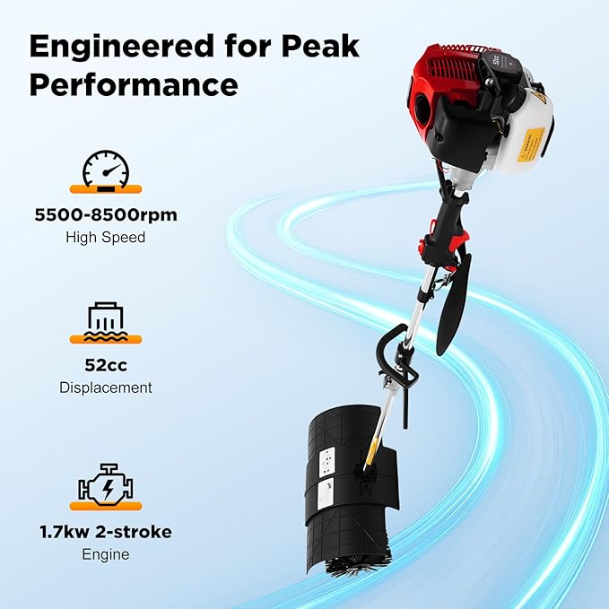 Outdoor Hand Held Power Broom, 52cc 2.3HP 1.8M Outdoor Handheld Sweeper Power Broom for Artificial Turf, 1-Cylinder 2-Stroke Walk Behind Sweeper Cleaning Driveway Tools Lawn Cleaner Tools