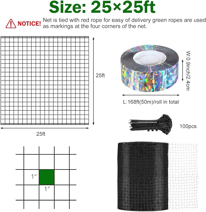 Poultry Netting 25x25 ft, 1" Square Mesh Heavy Duty Chicken Run Net, Garden Netting to Protect Plants, Fruit Trees, Vegetables from Birds, Deer, Pests & Animals for Farm, Orchard, Coop
