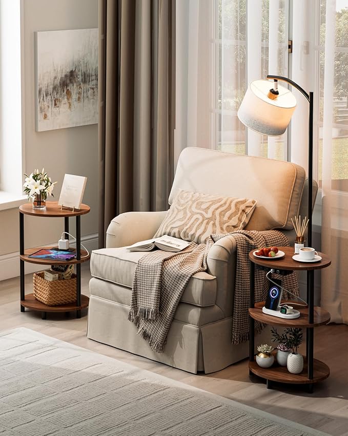 Round Side Table with Lamp and USB Ports, 3-Tier Small End Table for Living Room & Bedroom, Rustic Wood Metal Nightstand for Small Spaces, Easy to Assemble, Greige