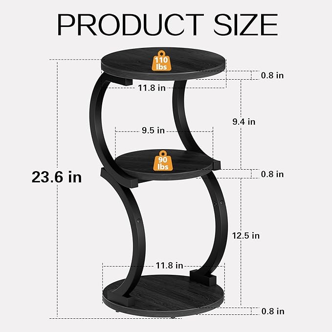 JUSTOGO Small Round Side Table, 3-Tier End Table for Living Room, Vintage Nightstand for Small Spaces Sofa Couch Corner Bedside Bedroom, S-Shaped Wood Accent Table Metal Coffee Table, Black