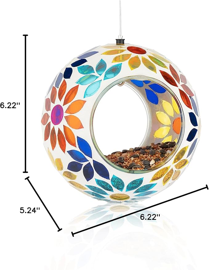 Backyard Expressions Hanging Glass Bird Feeder - Multicolor - Fly Through Bird Feeders for Outside, Mosaic Bird Feeder, Round Shape Wild Birdfeeder