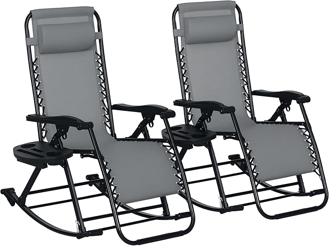 Outsunny Set of 2 Outdoor Rocking Chairs, Foldable Reclining Zero Gravity Lounge Rocker with Pillow, Cup & Phone Holder, Combo Design with Folding Legs, Gray