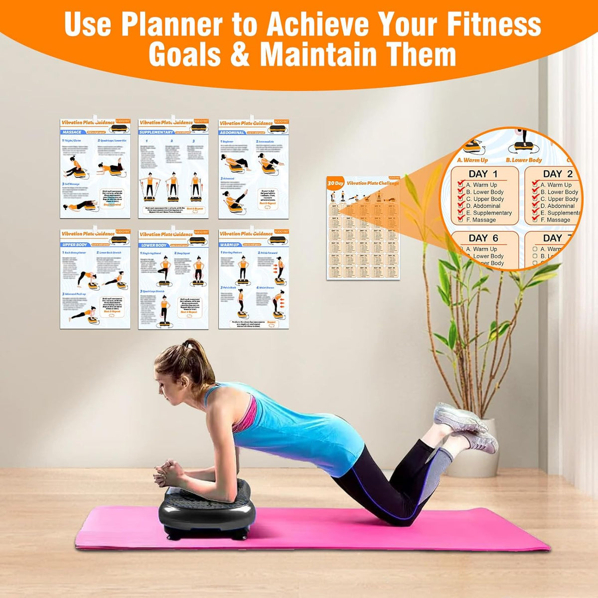 Skiennix Vibration Plate Exercise Machine Poster - 6 Workout Guides & 2 Planner Charts for Full Body Fitness