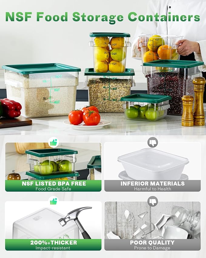 2QT4QT NSF Food Storage Containers: 8 PCS [Food Grade][Hot&Cold Resistant] Commercial Clear Square Food Storage Containers with Scales Handles for Home Restaurant Kitchen Proof Dough(BPA FREE-GREEN)