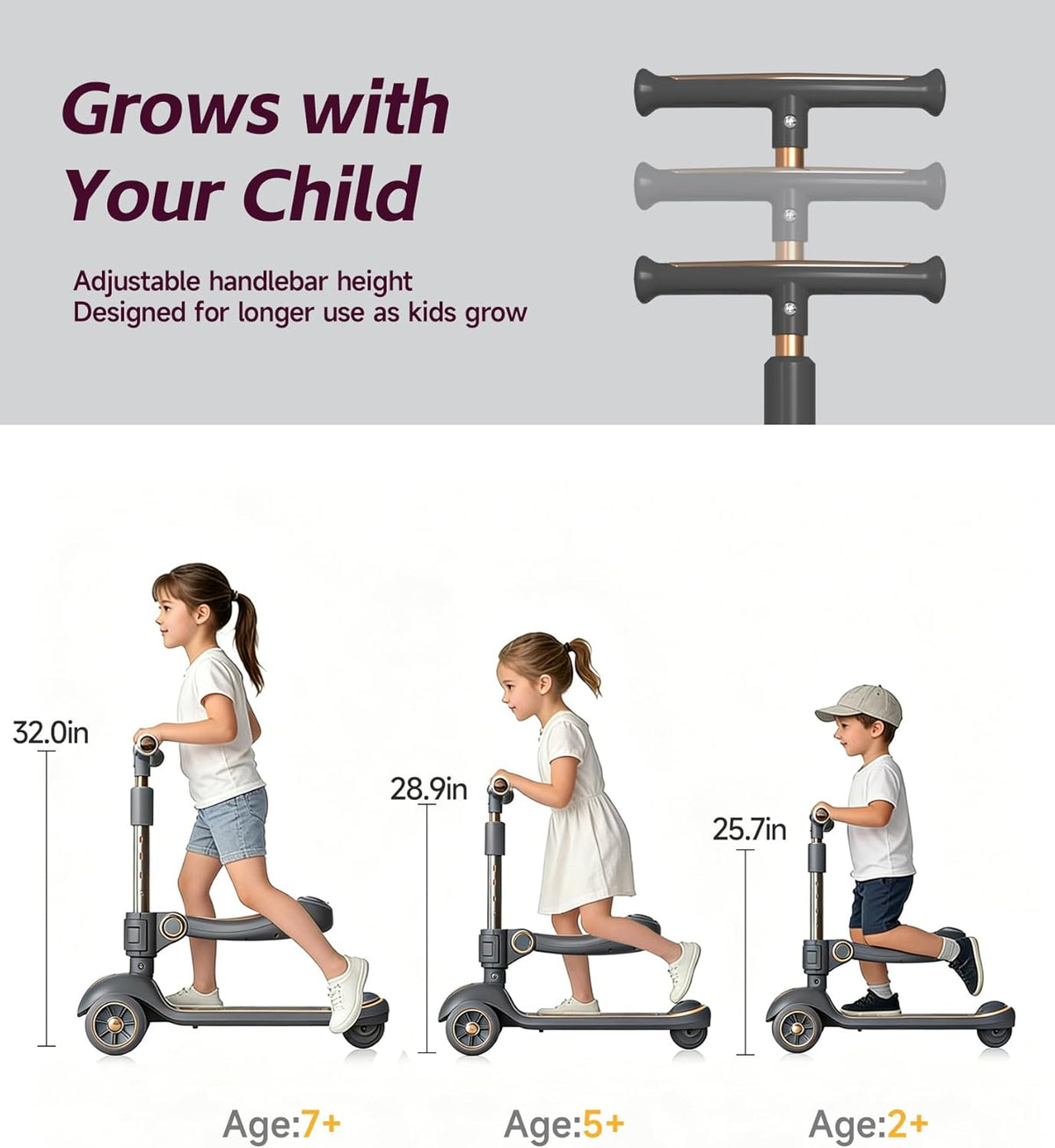 Skiennix 2-in-1 Toddler Scooter - Sit-to-Stand Training for Kids Ages 2-5 | Adjustable Handlebars & Light-Up Wheels