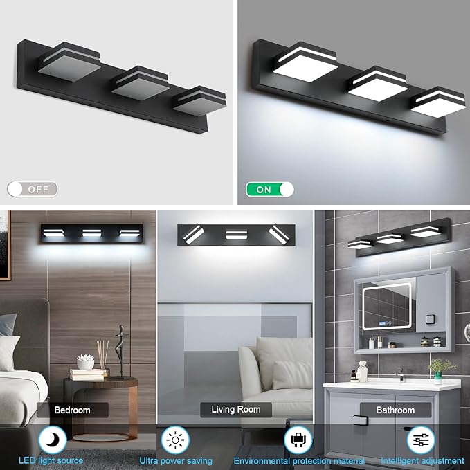 SineRise LED Modern Bathroom Vanity Light Fixtures, Dimmable Matte Black Modern