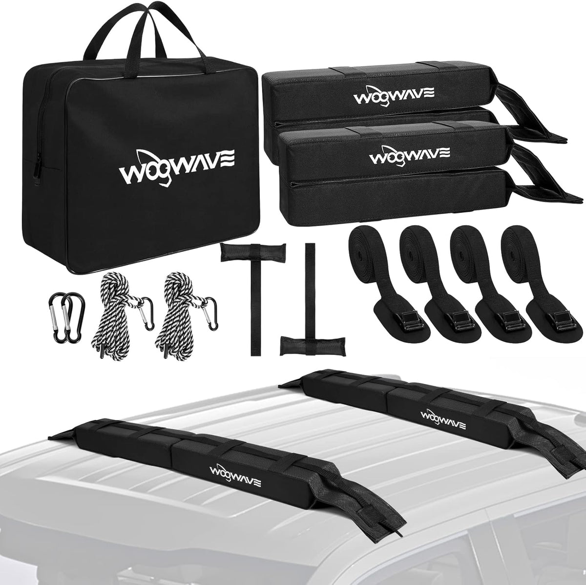 WOOWAVE Folding Kayak Carrier - Soft Roof Rack Pads with 4 Tie Down Straps & Storage Bag | Universal Fit for Canoe, Surfboard, Paddleboard, SUP