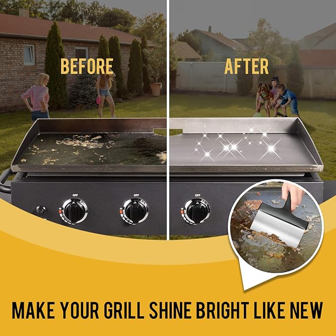 Heavy Duty Grill Scraper Stainless Steel Griddle Scraper with 5 Inches Handle,Sturdy Food Scraper Tool Kitchen for Blackstone Grill Accessories,Outdoor Barbecue Turners Tools (Black 2 Pcs)