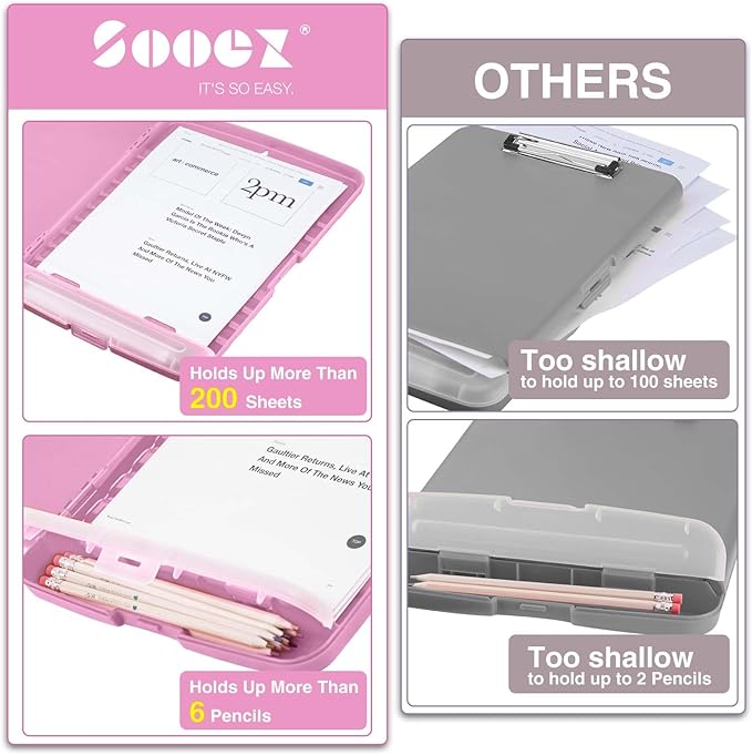 Sooez Clipboard with Storage, Clip Board 8.5 x 11 with Pen Holder, Plastic Organization Case Box for Letter Legal A4 Size Paper, Low Profile Clip, Nurses Teachers Must Haves, School & Office Supplies