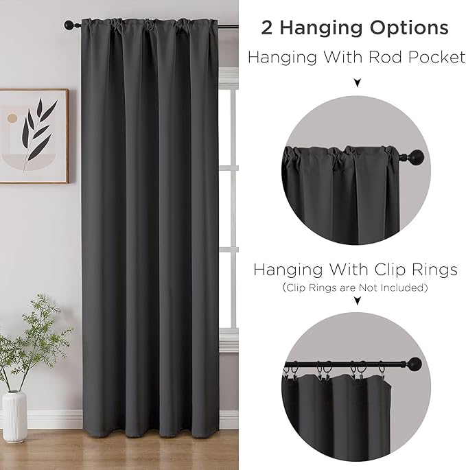 CUCRAF Dark Grey Blackout Curtains 54 inch Length 2 Panels Set, Rod Pocket Room