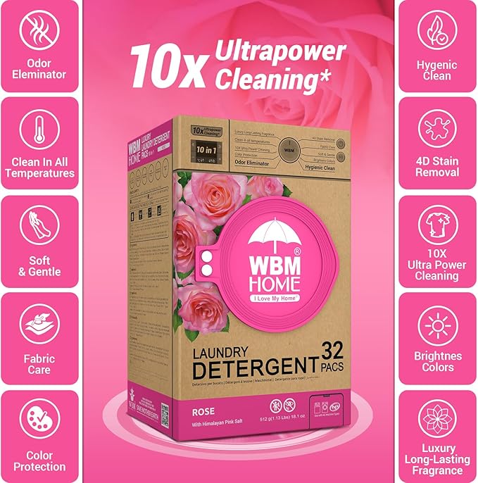 WBM 10-in-1 Laundry Detergent Pods, Ultra Concentrate, Powerful Stain Lifter, Fabric Softener, Rose Scent, 32 Count, HE Compatible, Eco-Friendly, Gentle