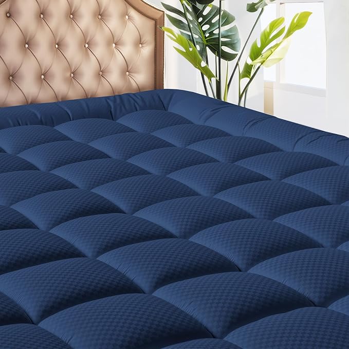 MATBEBY California King Mattress Pad - Cooling Breathable Mattress Topper, Quilted Fitted Mattress Protector, Pillow Top Mattress Cover with 8-21" Deep Pocket, Machine Washable, Navy Blue, Cal King