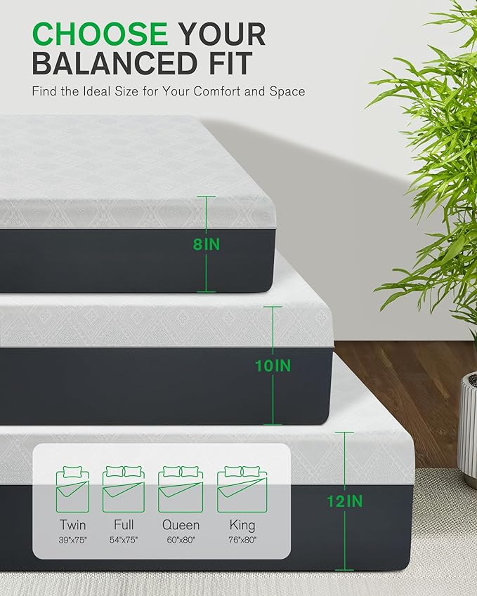 Life Balance Queen Size Mattress, 10 Inch Cooling-Gel Memory Foam Mattress Made in USA, CertiPUR-US Certified Mattresses in a Box, Medium Firm, Pressure Relief, Motion Isolation, CY-10-Q-V