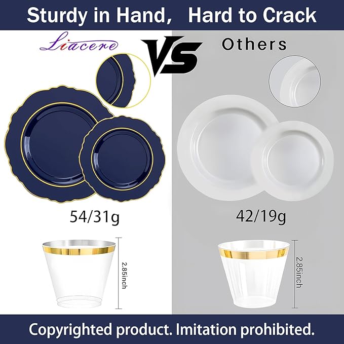 Liacere 350PCS Navy Blue Plastic Plates-Disposable Blue Gold Plates 50guest Plastic Dinnerware include 100Plates,50Pack Pre Rolled Napkins with Silverware 50Cups for Christmas ＆ Hanukkah