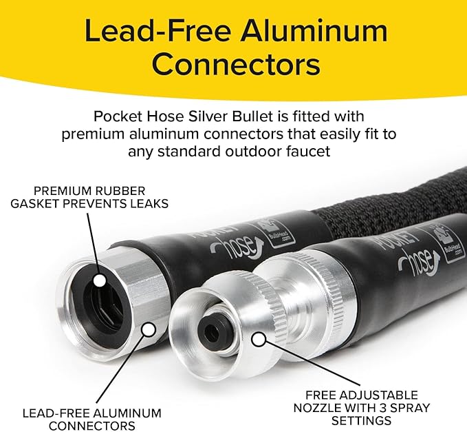 Pocket Hose Silver Bullet 100 ft Turbo Shot Nozzle Multiple Spray Patterns Expandable Garden Hose 3/4 in Solid Aluminum Fittings Lead-Free Lightweight and No-Kink, Black