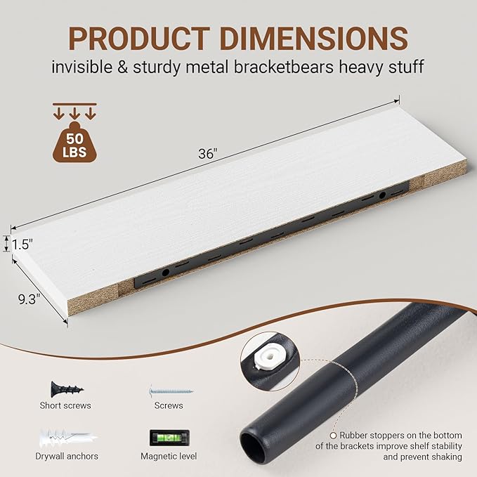 Heimlove Floating Shelves for Wall 36 Inches Long, 9.3" Deep White Floating
