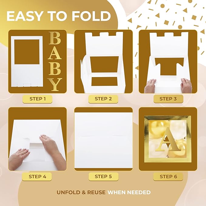 Baby Shower Boxes with Letters – Gold Boxes with Gold & White Balloons – 44-Piece Gender Reveal & Party Decoration Set by Vellax