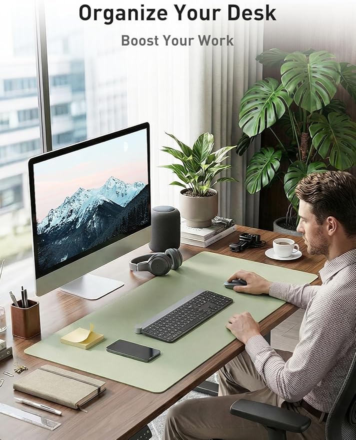 Aothia Faux Leather Desk Mat - Non-Slip PU Leather Desk Blotter, Waterproof Writing Surface, Large Desk Pad for Office & Home (Grass Green, 55" x 17")