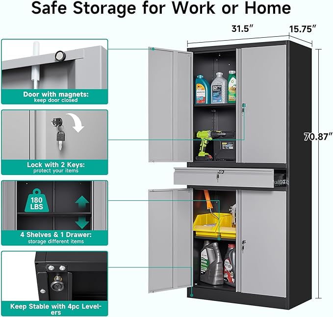 Metal Storage Cabinet with Doors and Shelves,Garage Storage Cabinets with Lock and Drawer,Metal Cabinet with Locking Doors,4 Door Steel Cabinet,71" Tall Lockable Cabinets for Garage,Home,Office
