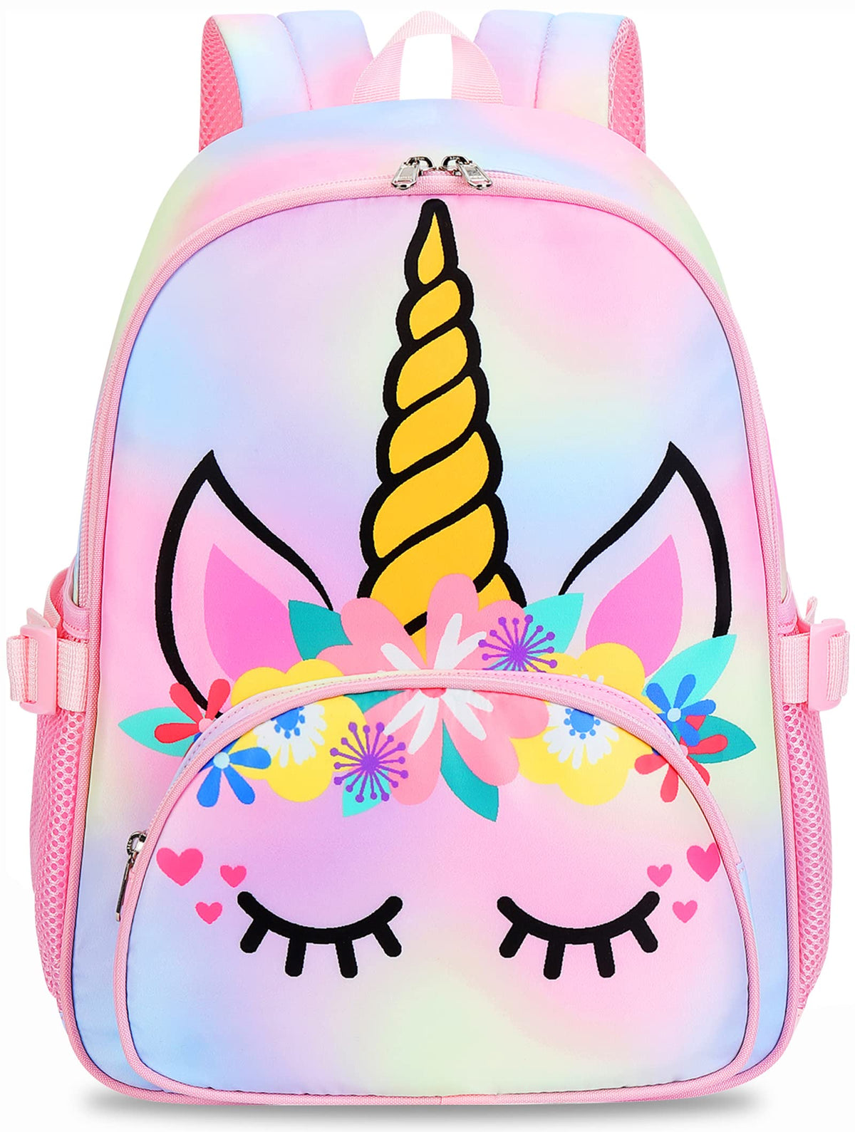 Kids Backpack Girls School Backpack Preschool Kindergarten Unicorn Toddler BookBag with Chest Clip (Tie Dye headband)