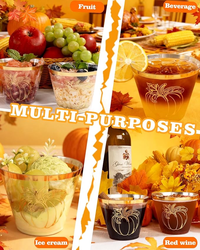 Ciaell 60 PCS Gold Plastic Cups - 9Oz Heavy Duty Plastic Cups - Thanksgiving Disposable Cup - Disposable Clear Wine Cup with Gold Pumpkin for Party & Thanksgiving