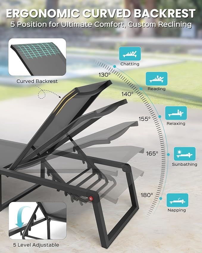 Aluminum Chaise Lounge Chair Outdoor, Foldable& No Assembly Patio Pool Lounge Chairs 5-Position Recliner for Outside, Fully Grounded Legs Sun Lounger for Poolside, Dark Grey, 2 Pack