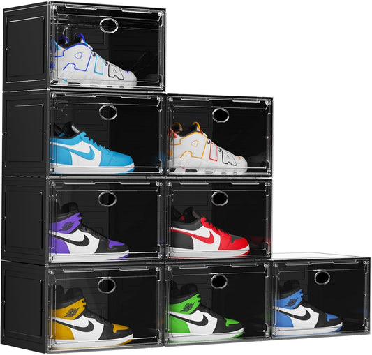 KEFA XL Shoe Storage Box Organizer, 8 Pack Shoe Boxes Clear Plastic Stackable, Sneaker Display Case Container Fit for US 13 (Side 8 PACK BLACK)