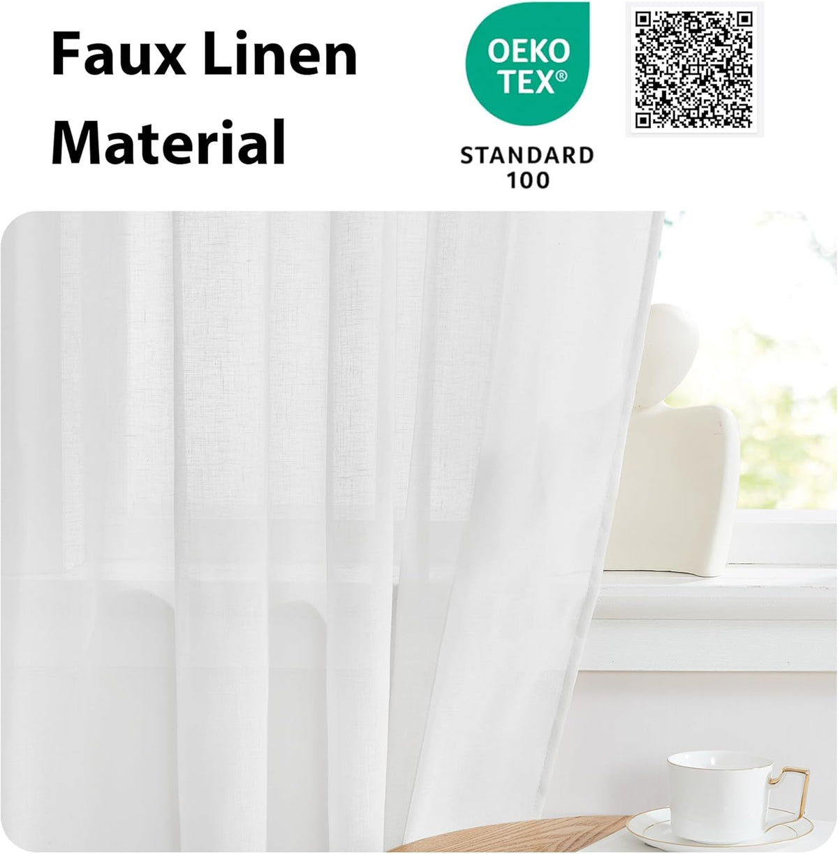 NICETOWN Faux Linen French Door Curtain for Window Sidlight Curtains 72 Inches Long Rod Pocket Kitchen DoorLight-Filtering Privacy Window Decor with Tieback, 12 inch Wide, 1 Panel, White